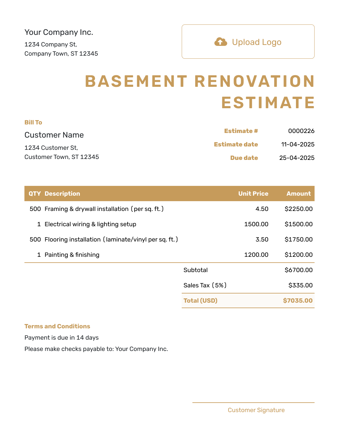 Professional Basement Renovation Estimate Template