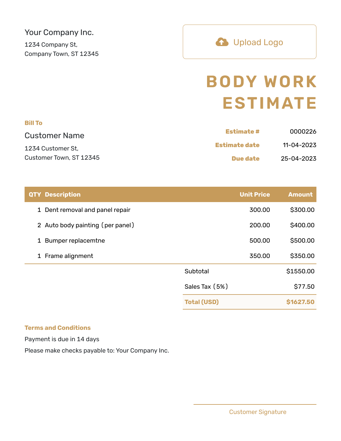 Professional Body Work Estimate Template