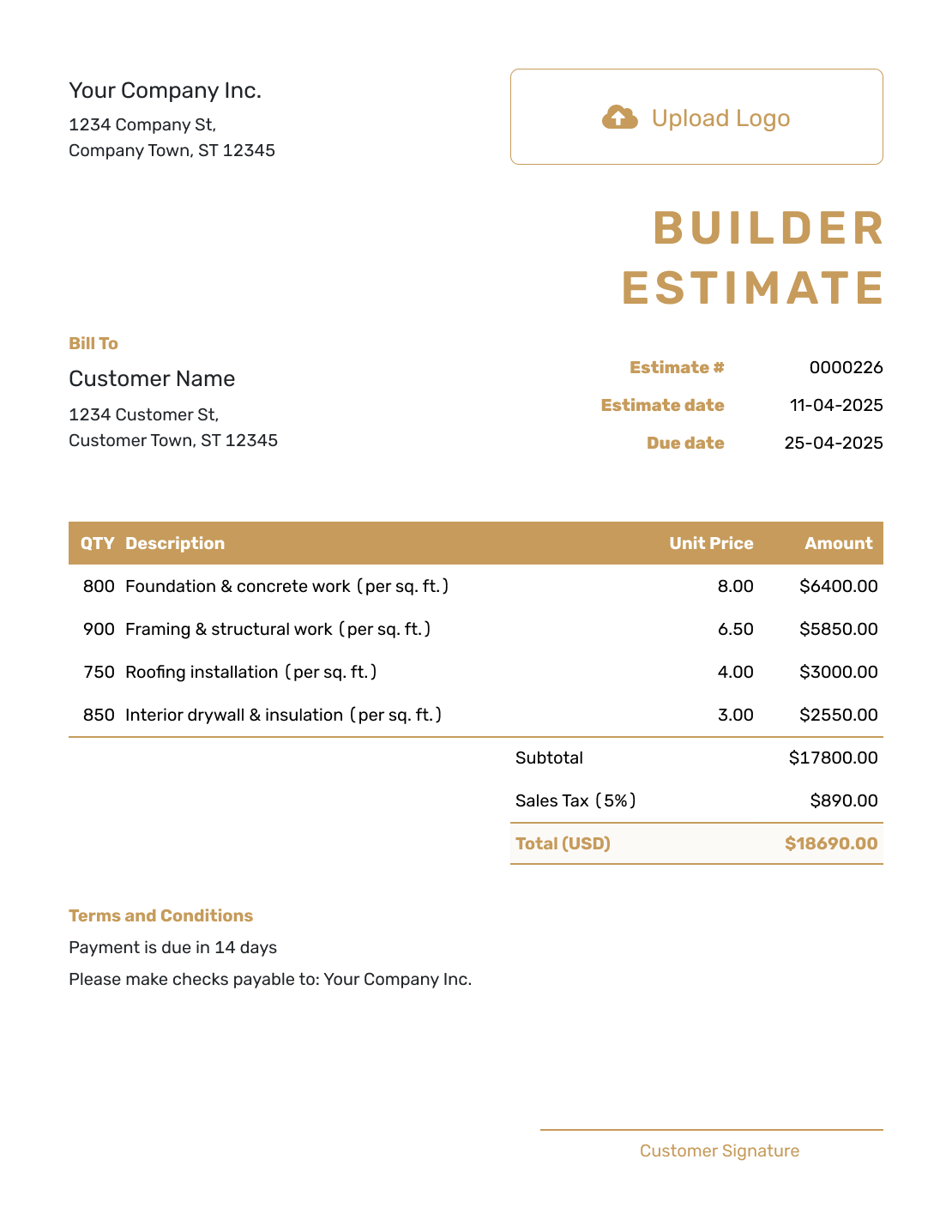 Professional Builder Estimate Template