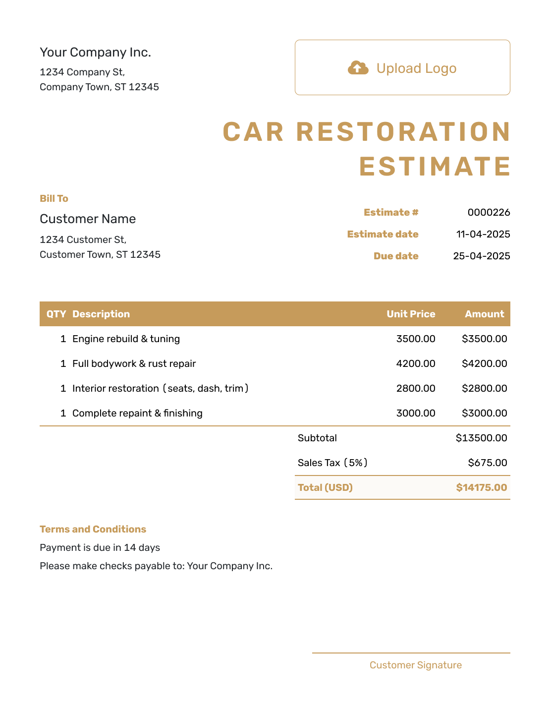 Professional Car Restoration Estimate Template