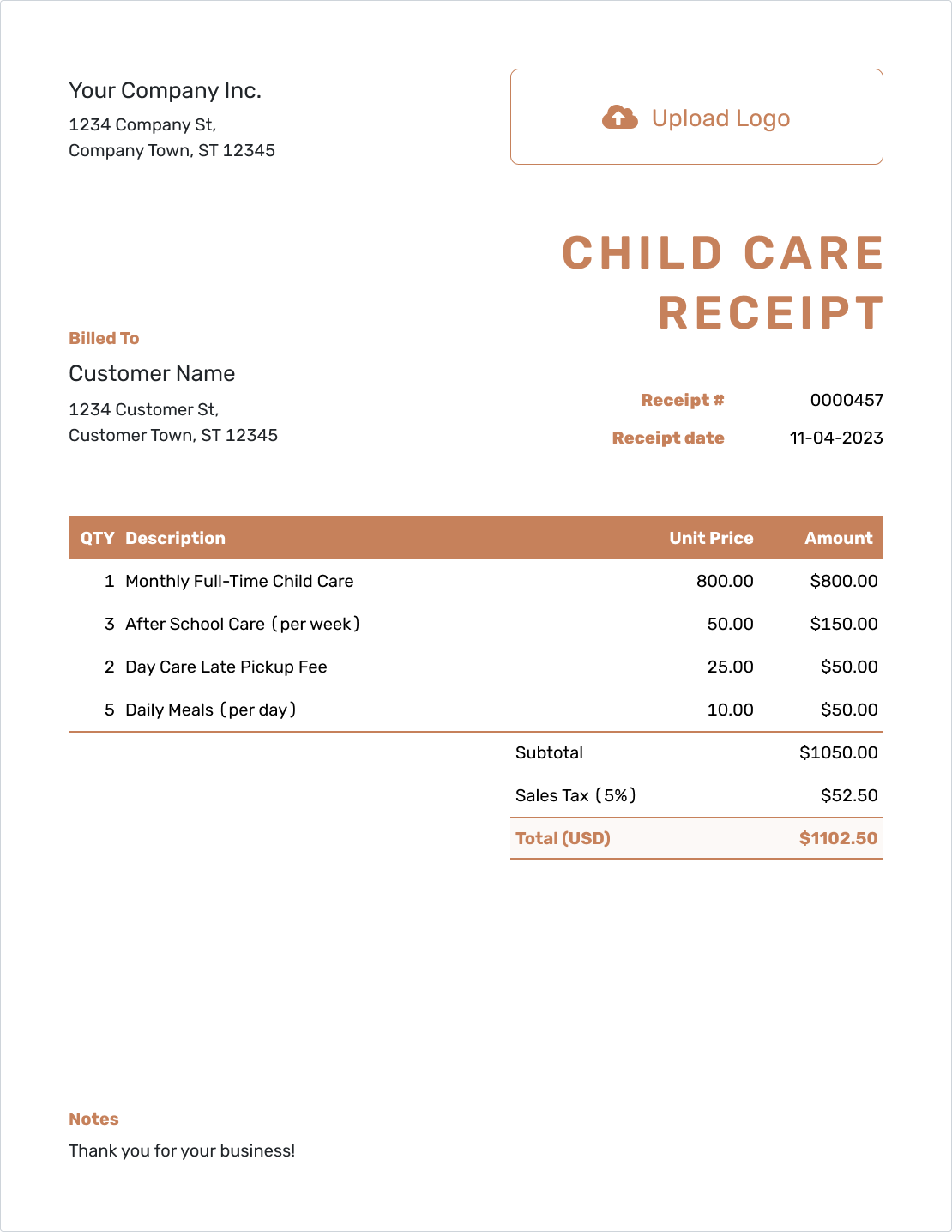 Professional Child Care Receipt Template