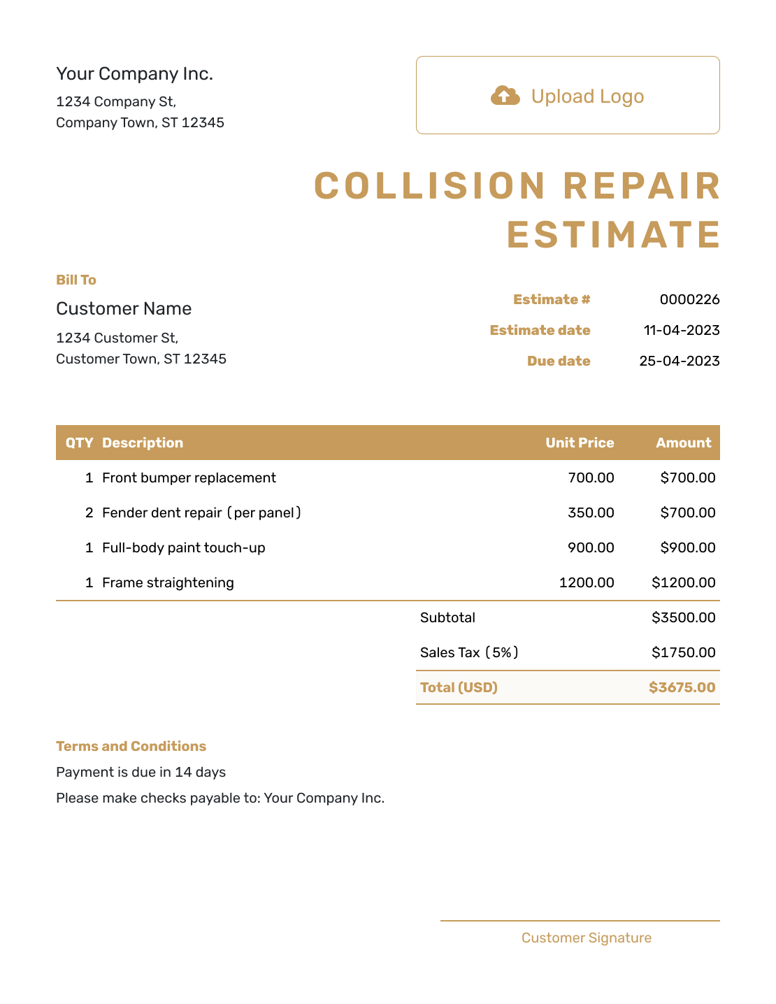 Professional Collision Repair Estimate Template