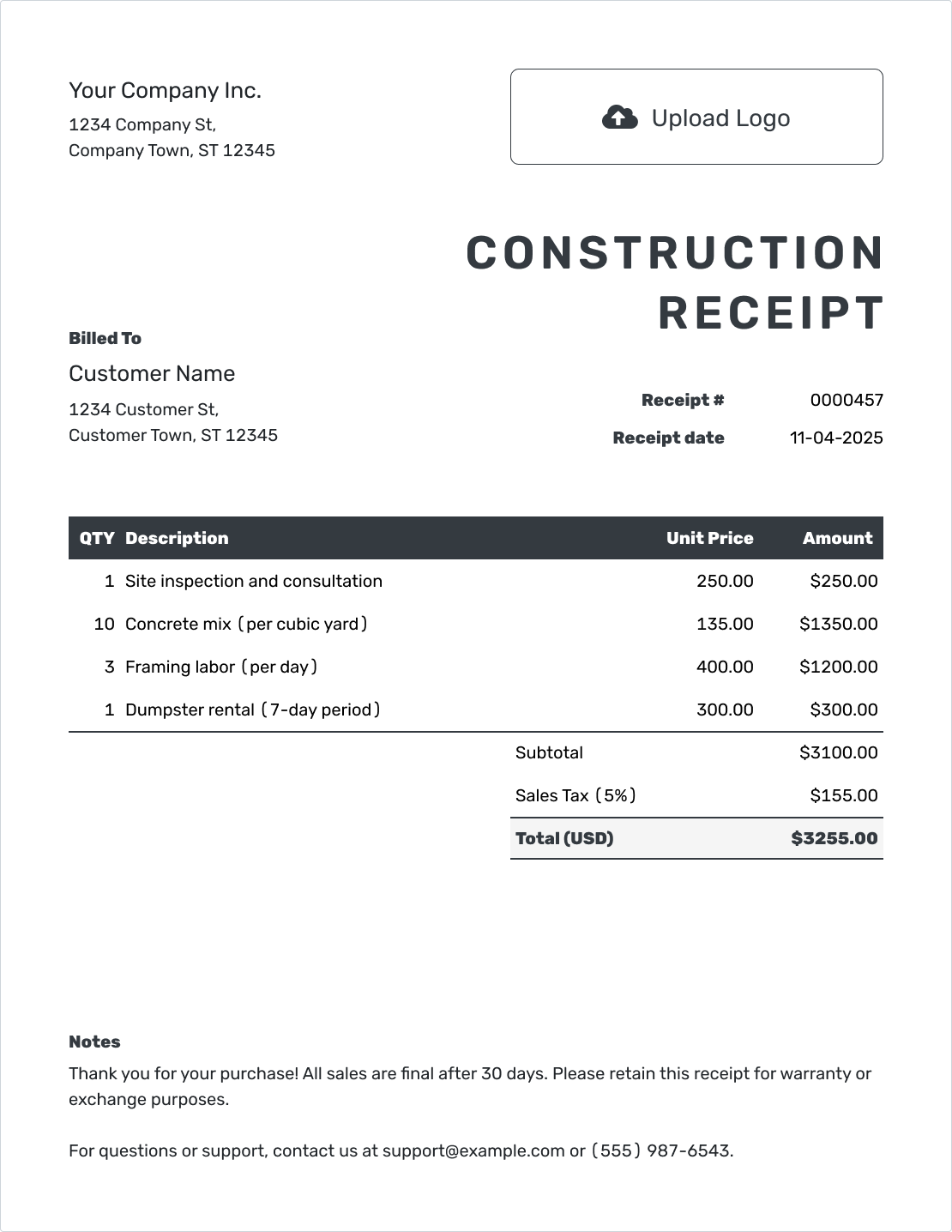 Professional Construction Receipt Template