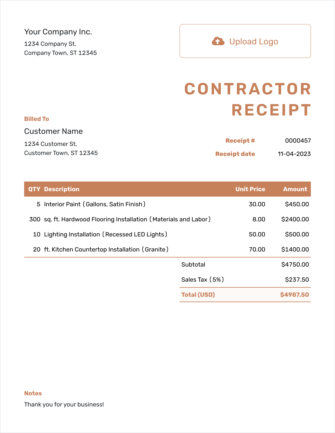 Professional Contractor Receipt Template