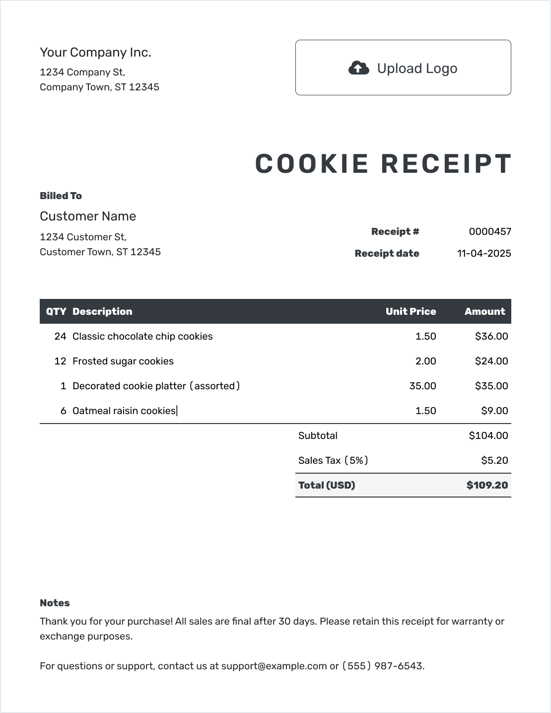 Professional Cookie Receipt Template