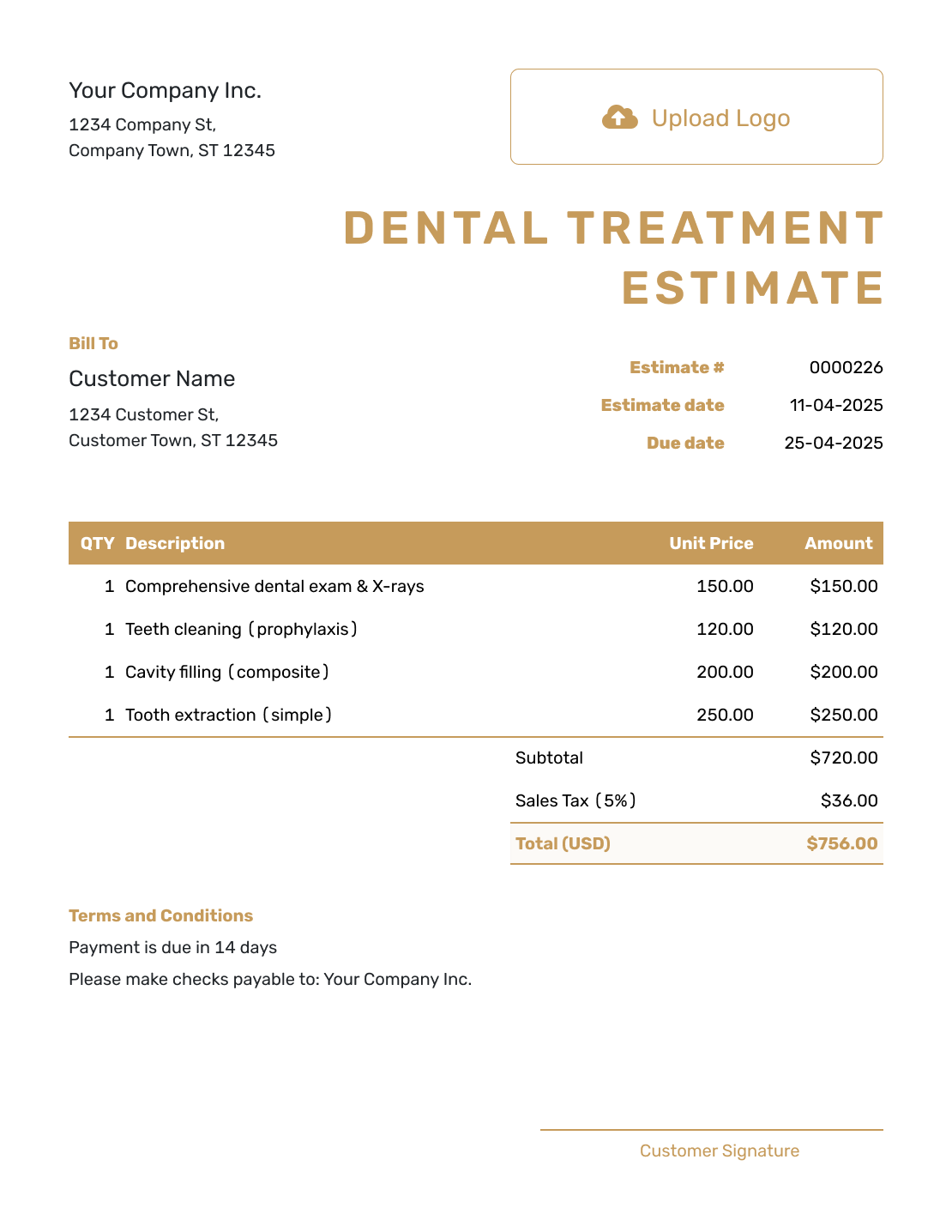 Professional Dental Treatment Estimate Template