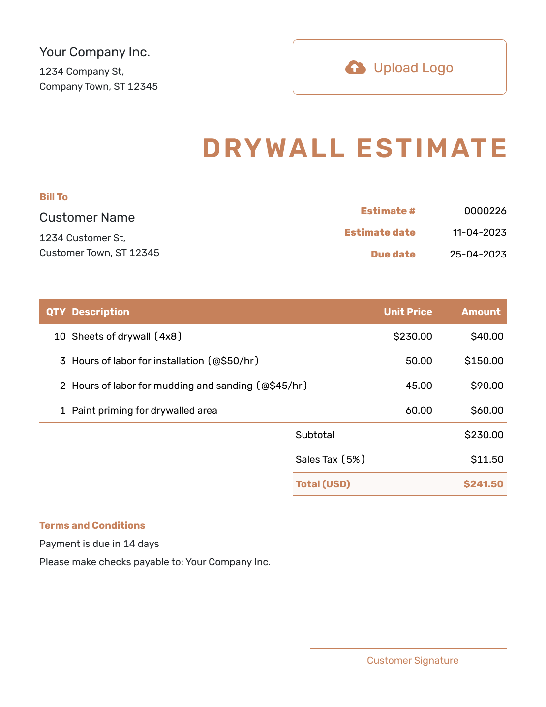 Professional Drywall Estimate Template