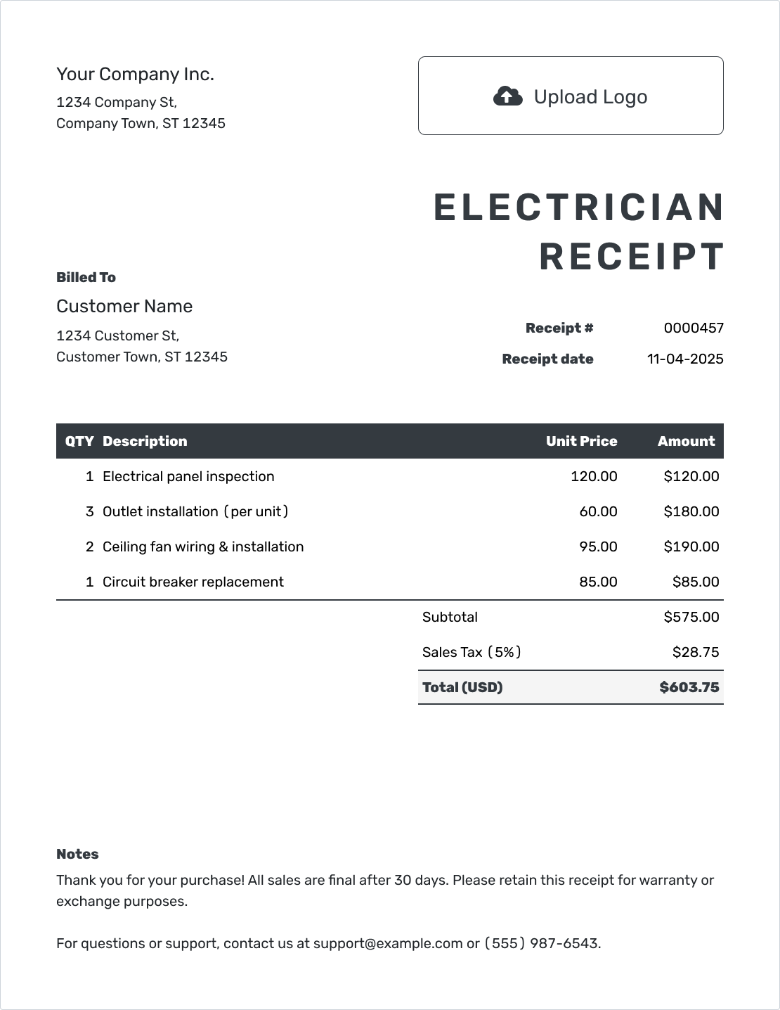 Professional Electrician Receipt Template