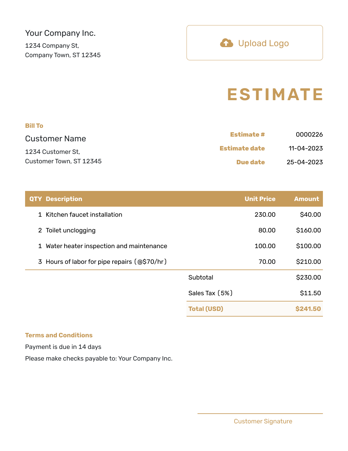 Professional Printable Estimate Template