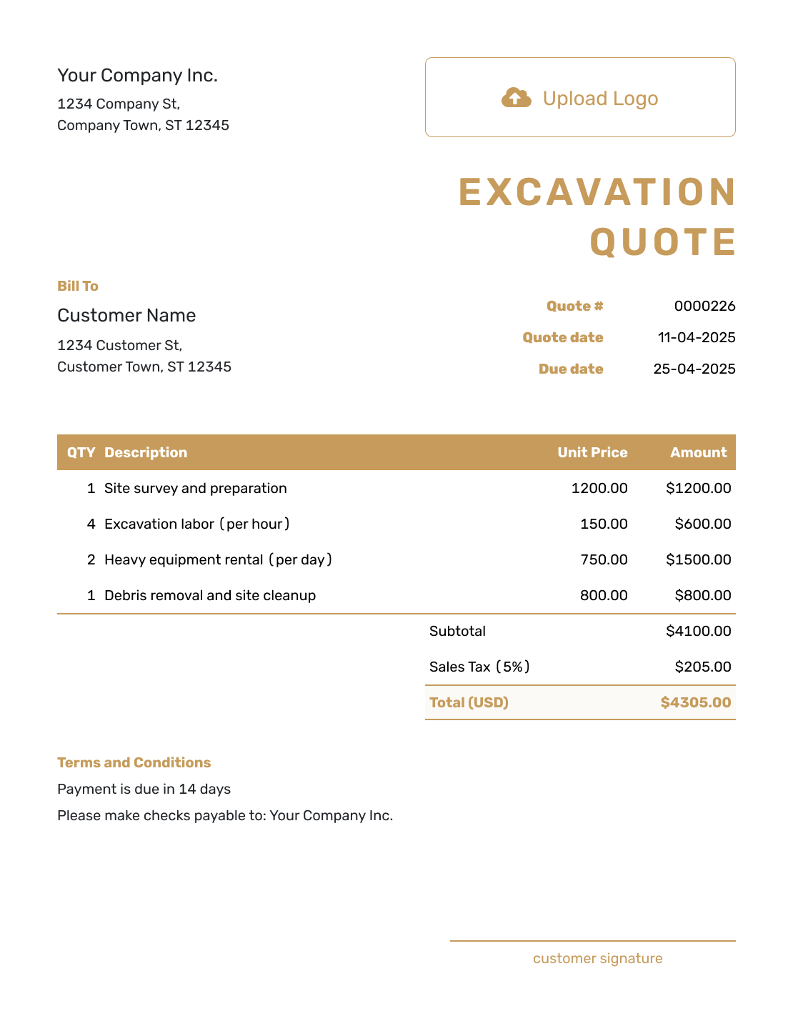 Professional Excavation Quote Template