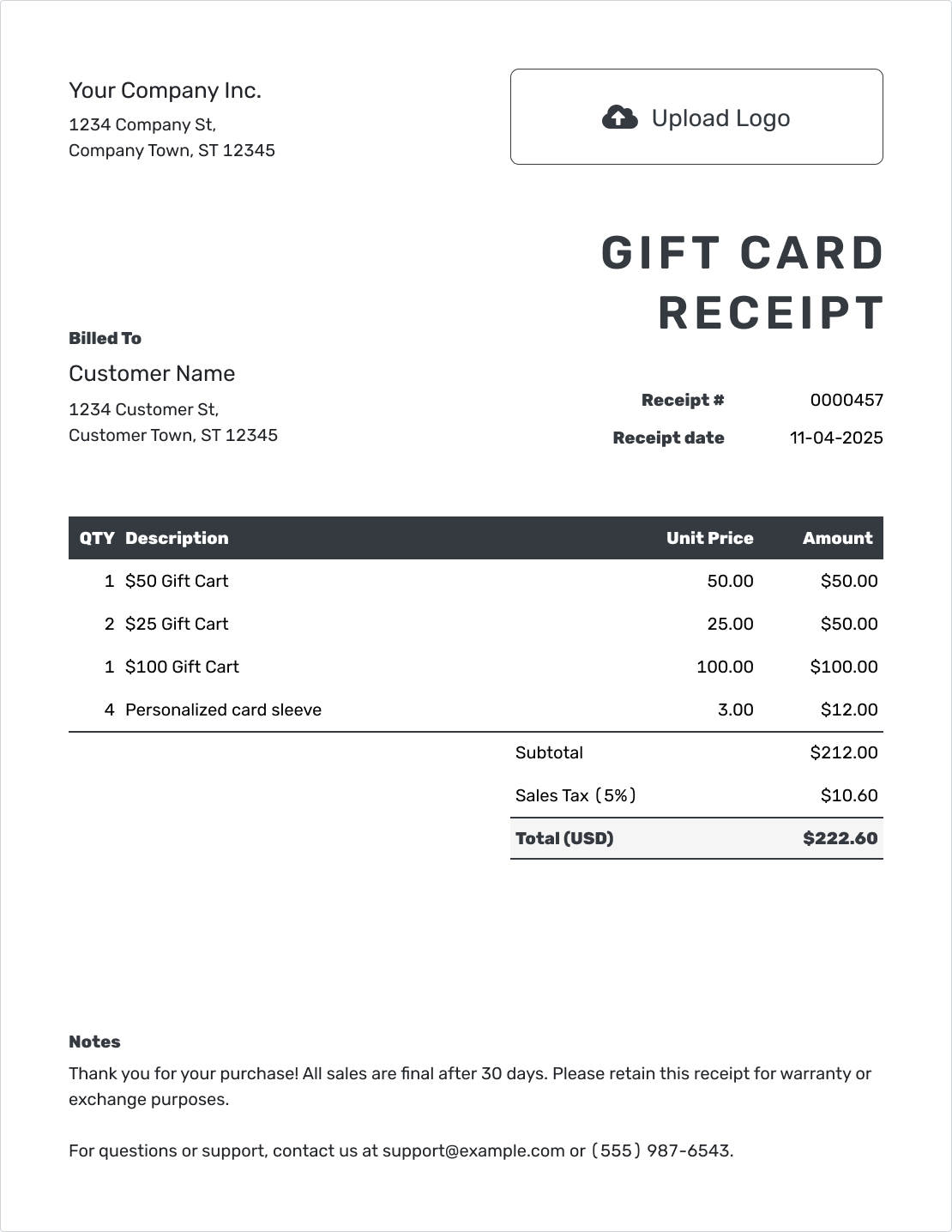 Professional Gift Card Receipt Template