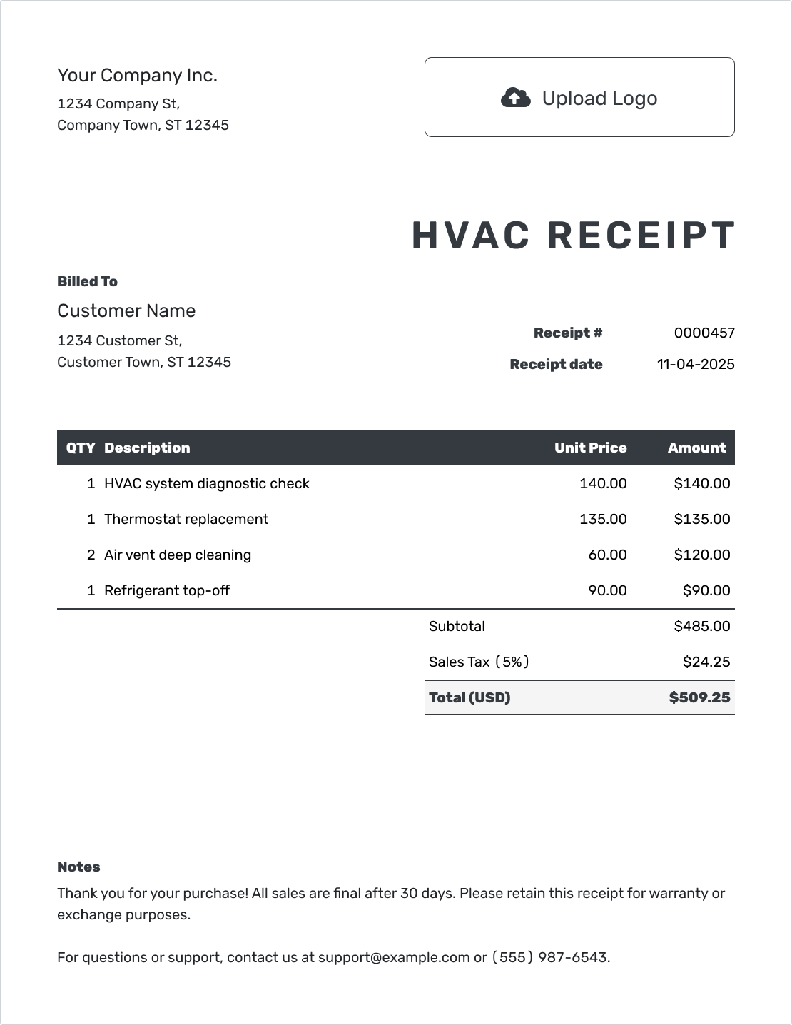 Professional HVAC Receipt Template