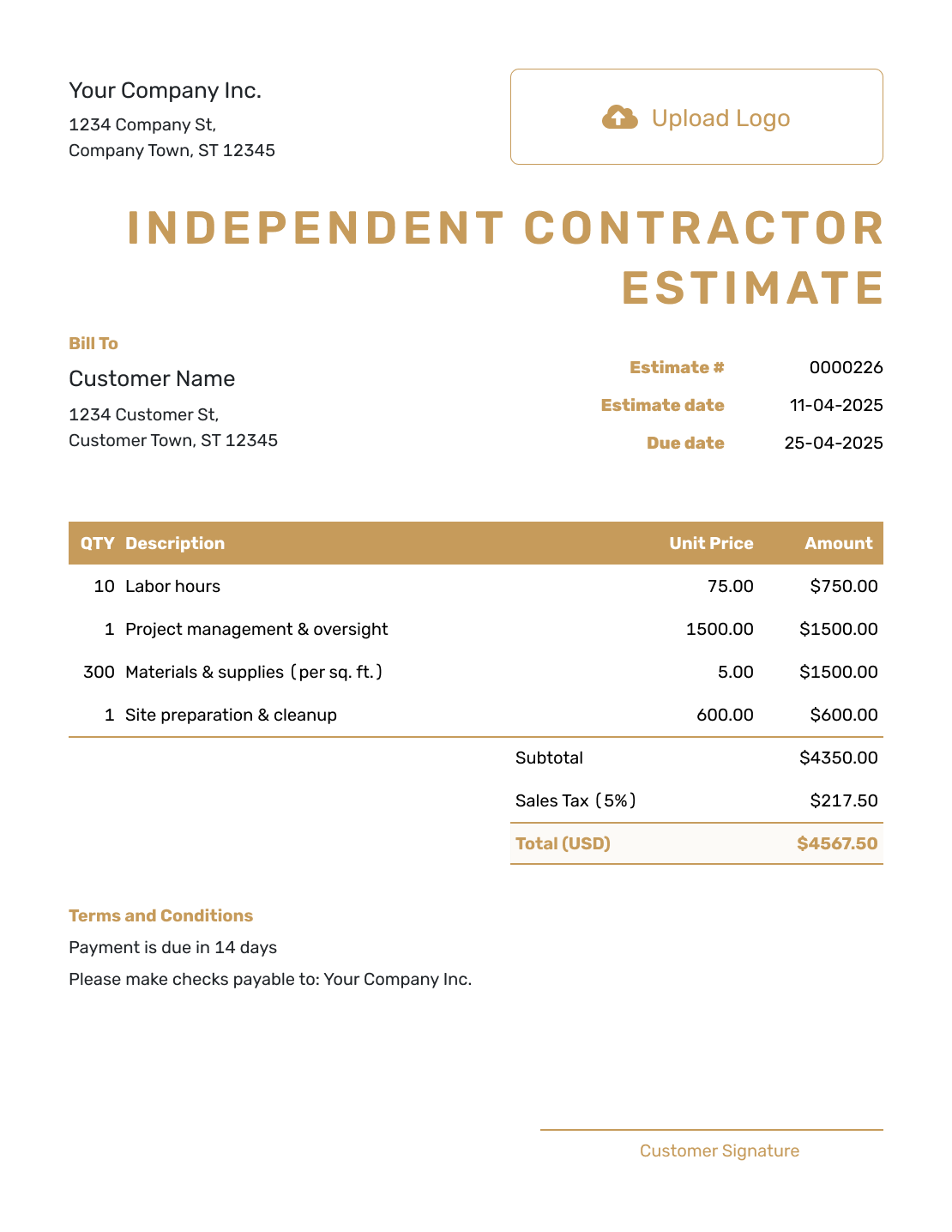 Professional Independent Contractor Estimate Template