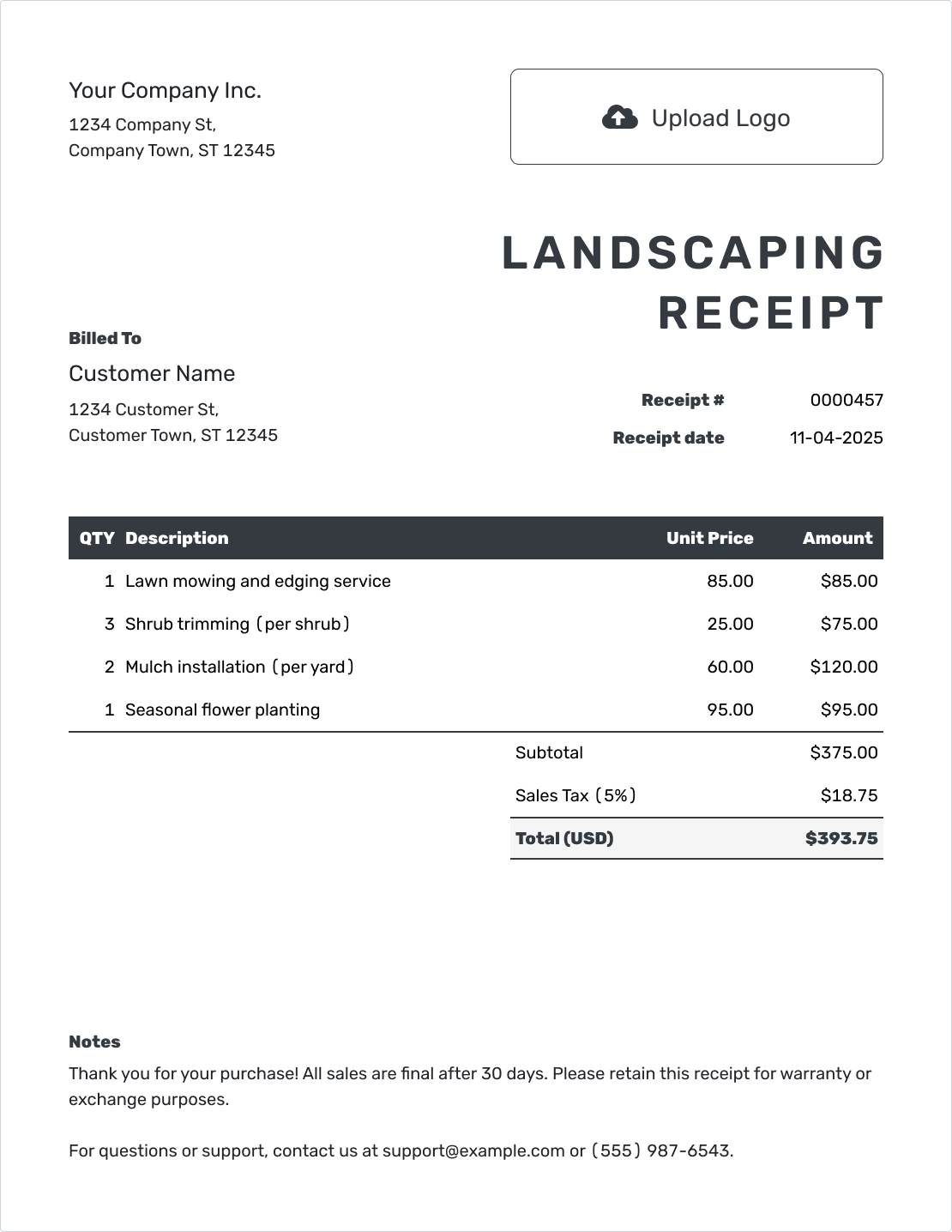 Professional Landscaping Receipt Template