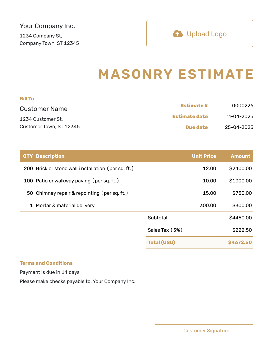 Professional Masonry Estimate Template