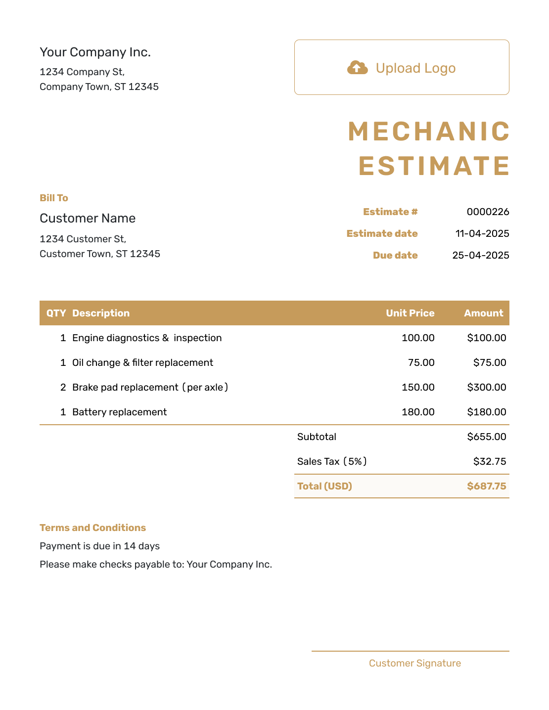 Professional Mechanic Estimate Template