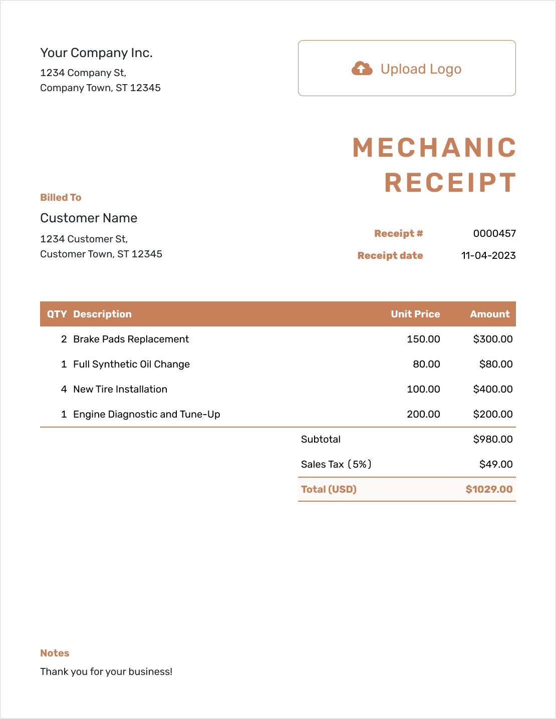 Professional Mechanic Receipt Template