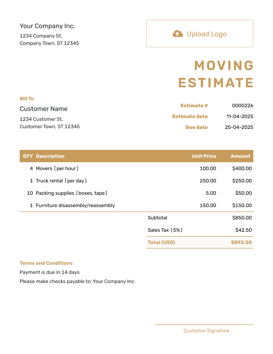 Professional Moving Estimate Template