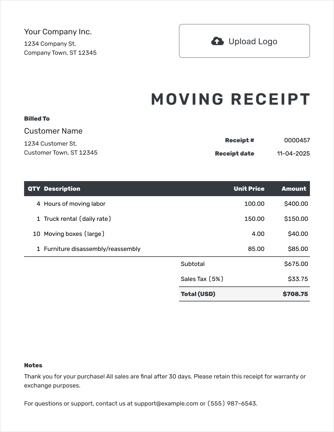 Professional Moving Receipt Template