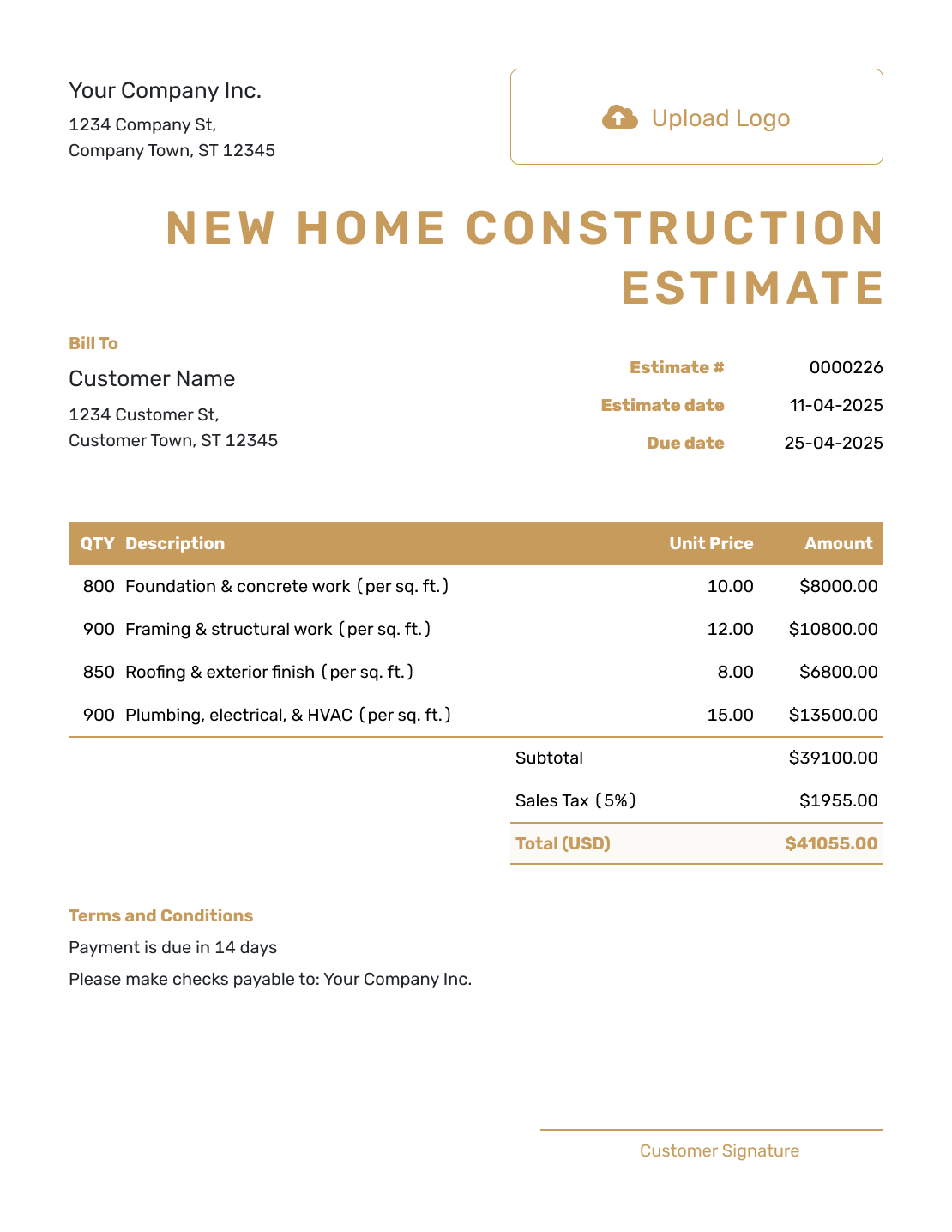 Professional New Home Construction Estimate Template