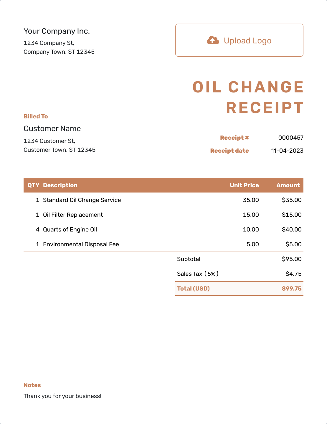 Professional Oil Change Receipt Template