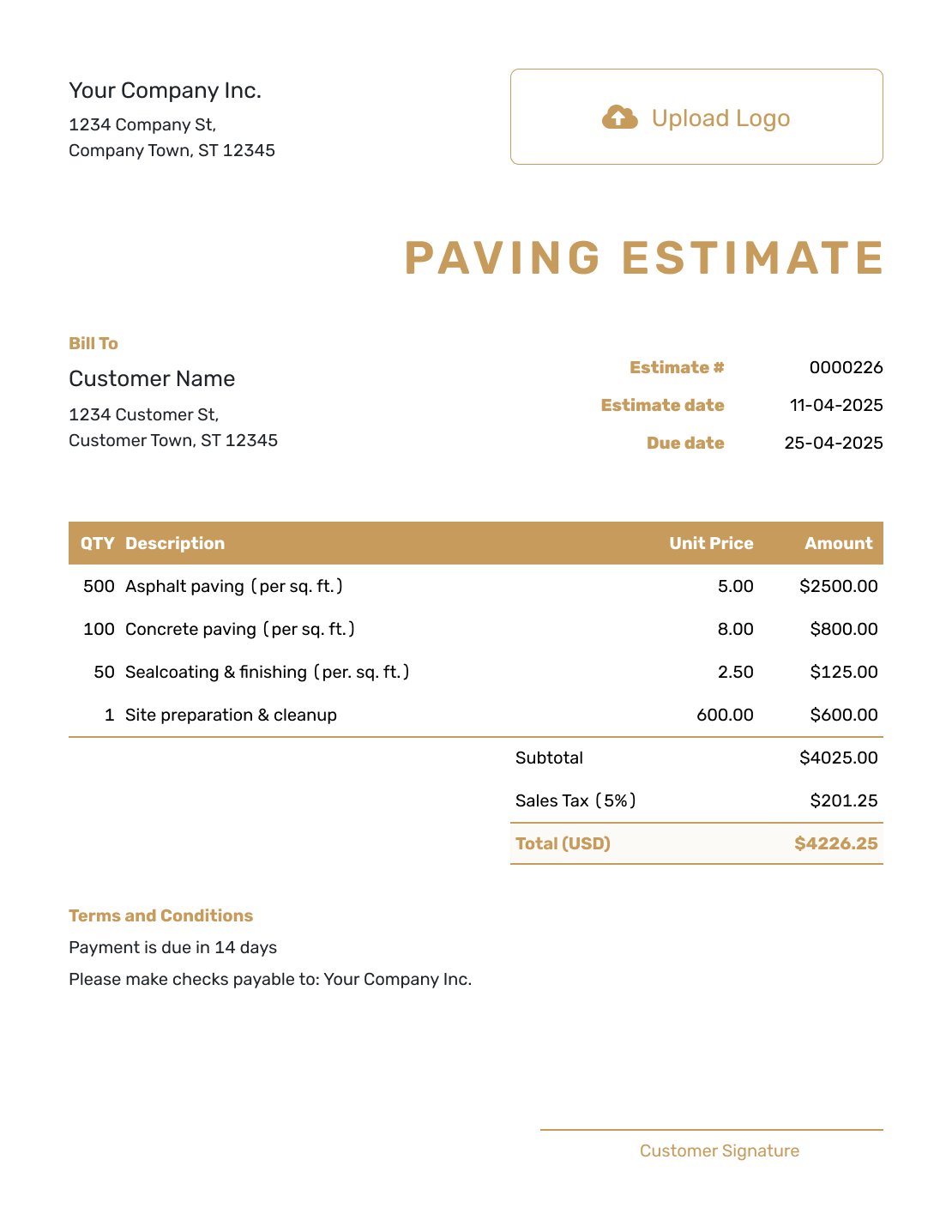 Professional Paving Estimate Template