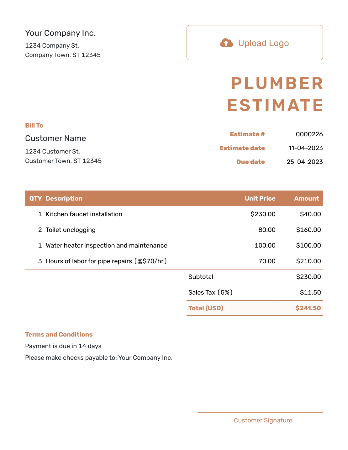 Professional Plumber Estimate Template