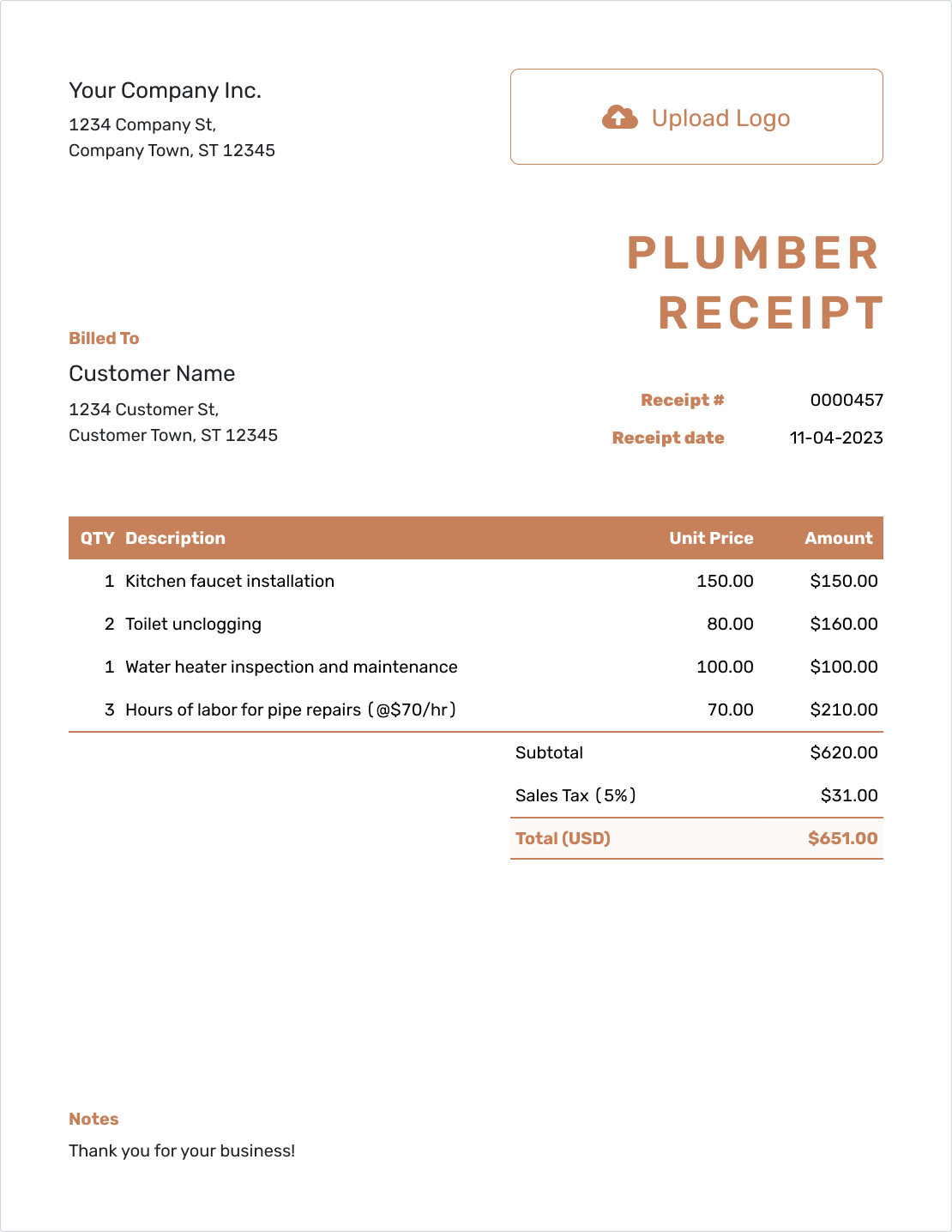 Professional Plumber Receipt Template