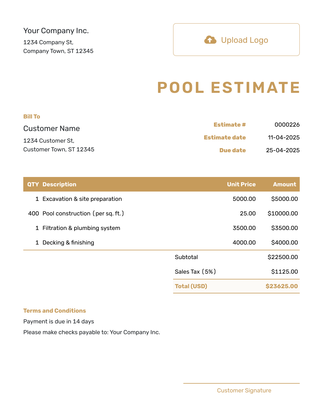 Professional Pool Estimate Template