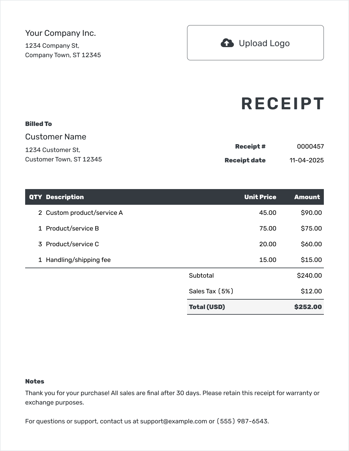 Professional Work Receipt Template