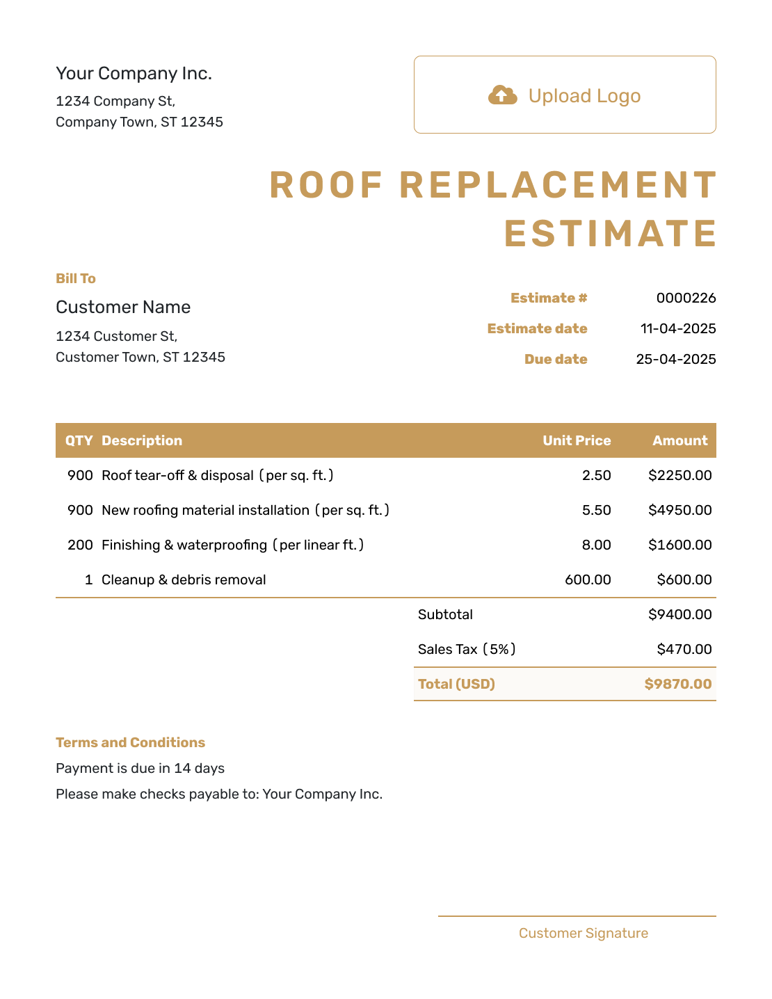 Professional Roof Replacement Estimate Template