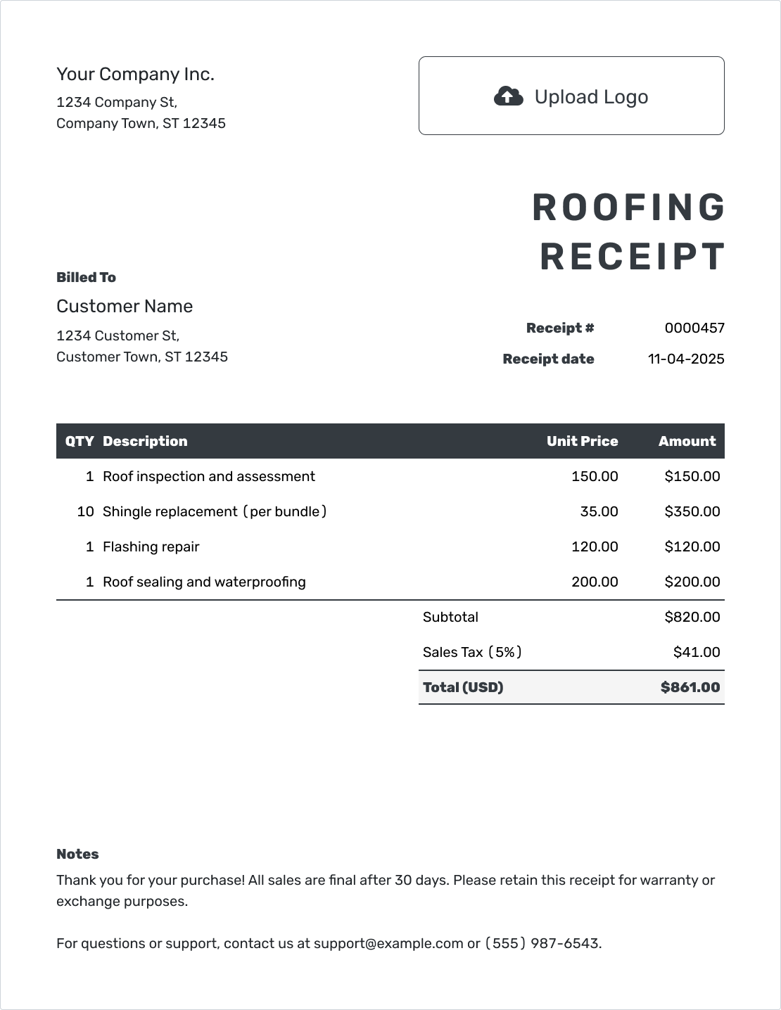 Professional Roofing Receipt Template