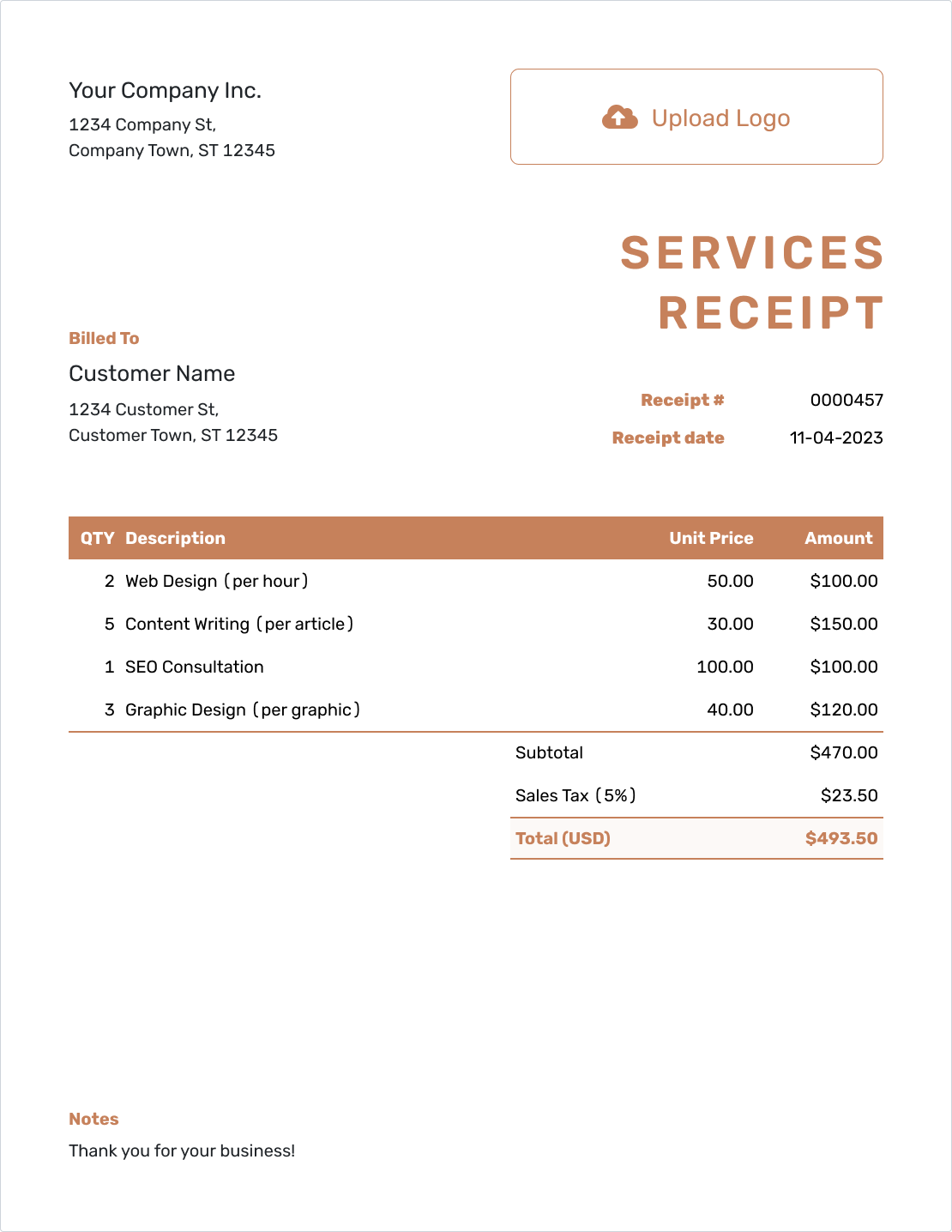 Professional Services Receipt Template