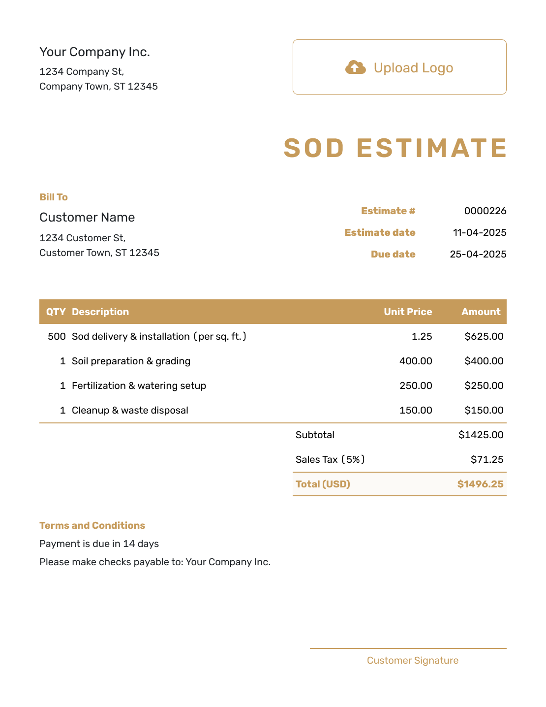 Professional Sod Estimate Template