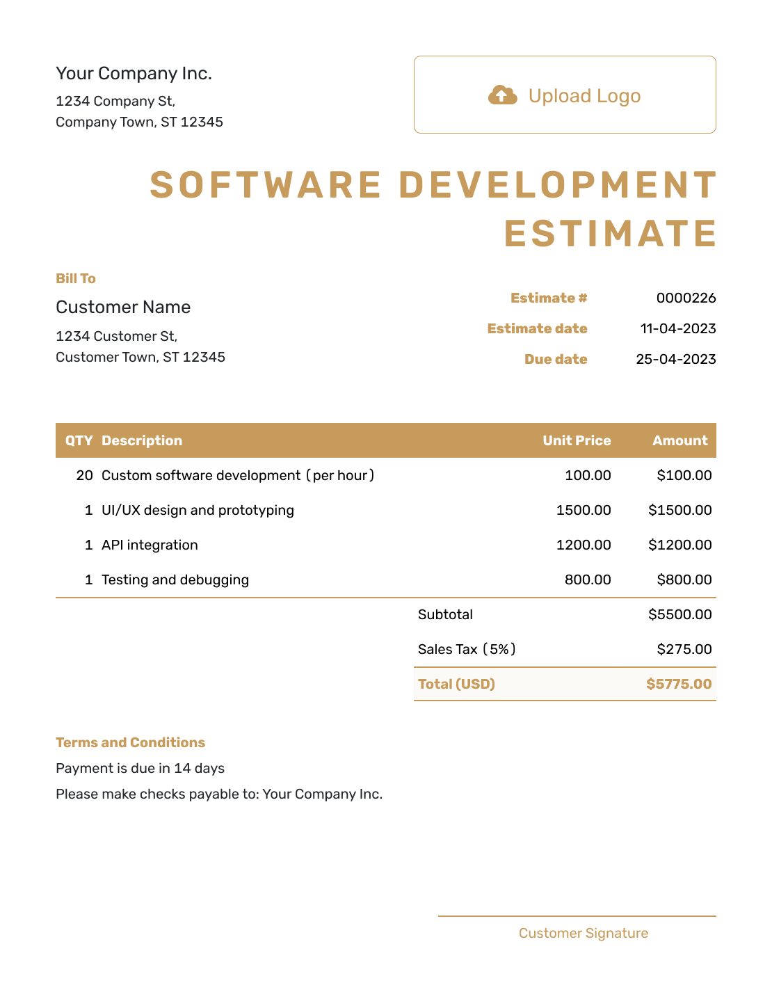 Professional Software Development Estimate Template