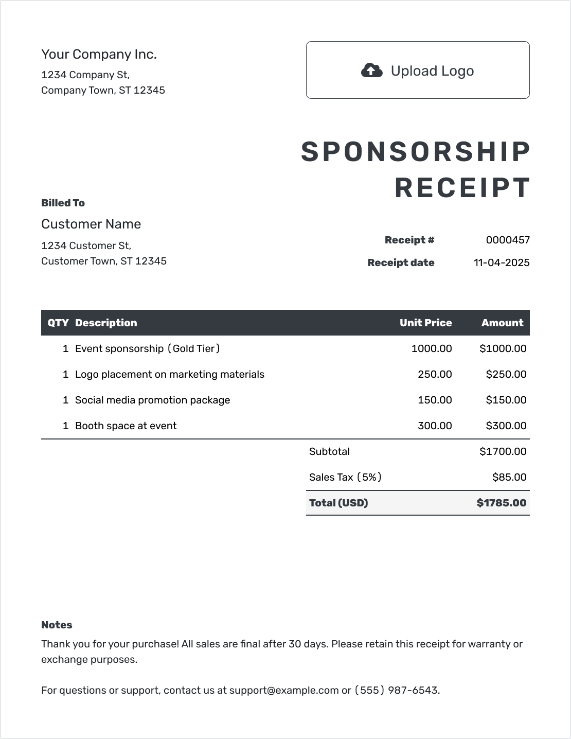 Professional Sponsorship Receipt Template