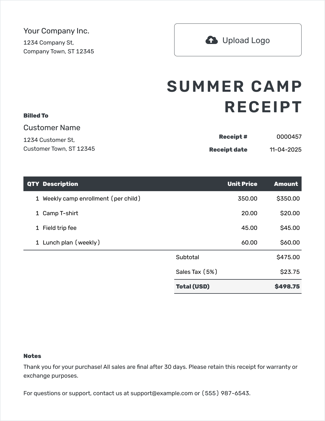 Professional Summer Camp Receipt Template