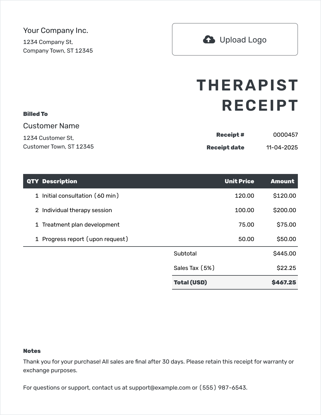 Professional Therapist Receipt Template