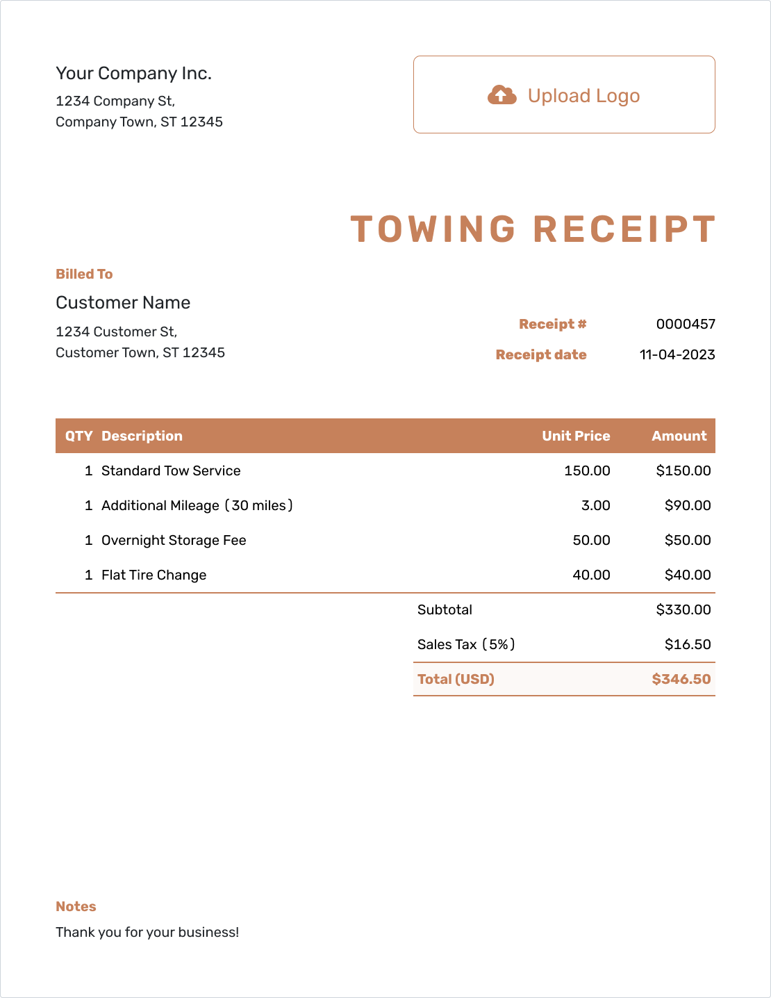 Professional Towing Receipt Template