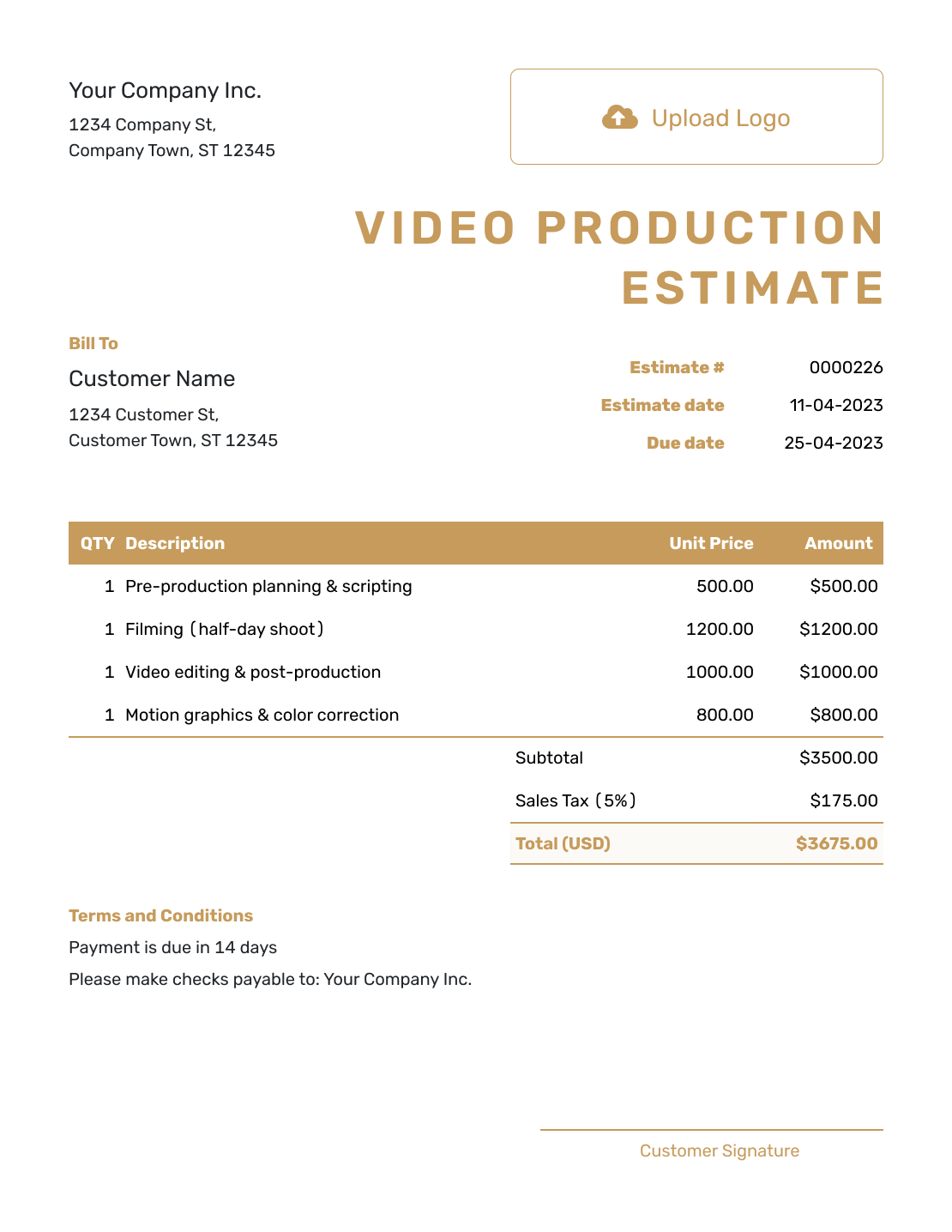 Professional Video Production Estimate Template