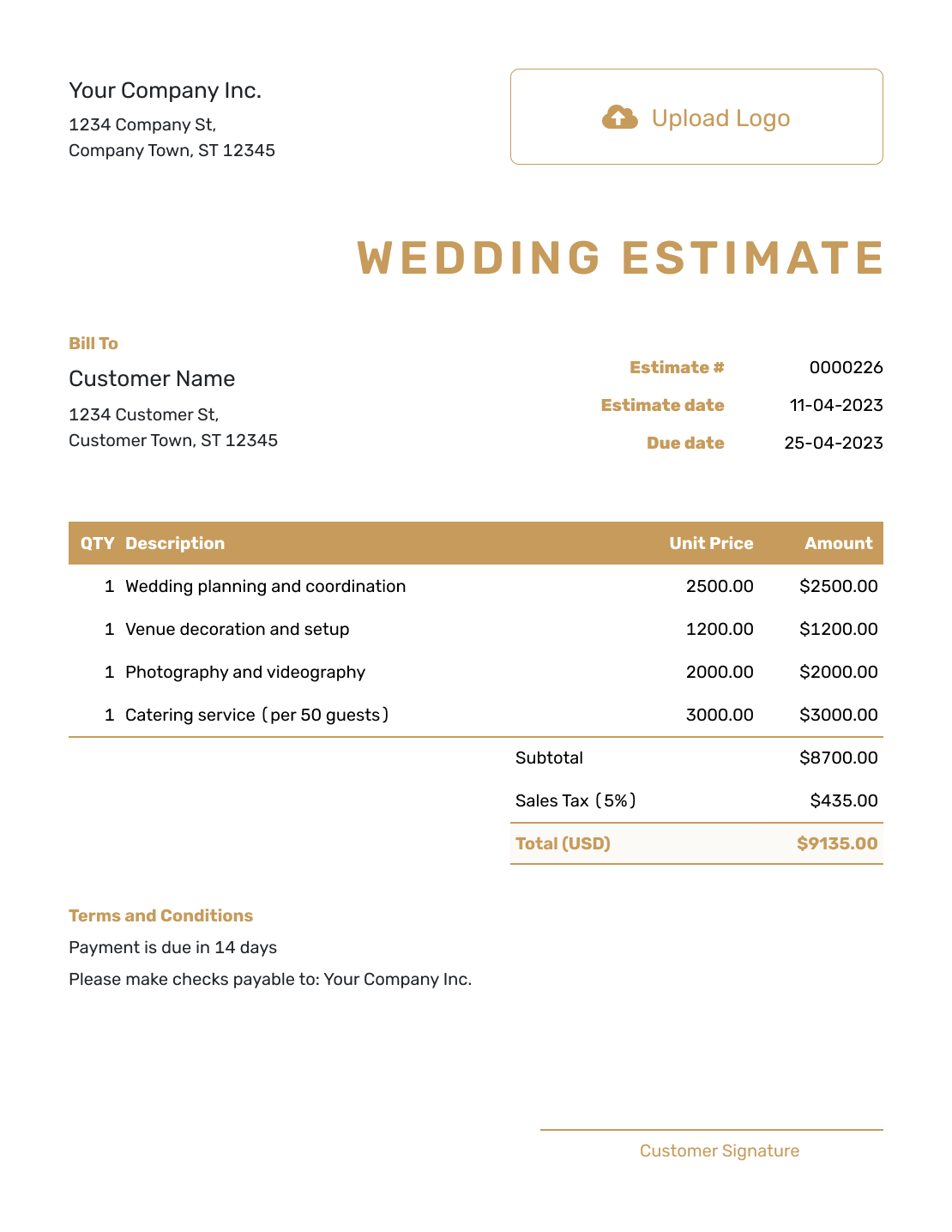 Professional Wedding Estimate Template