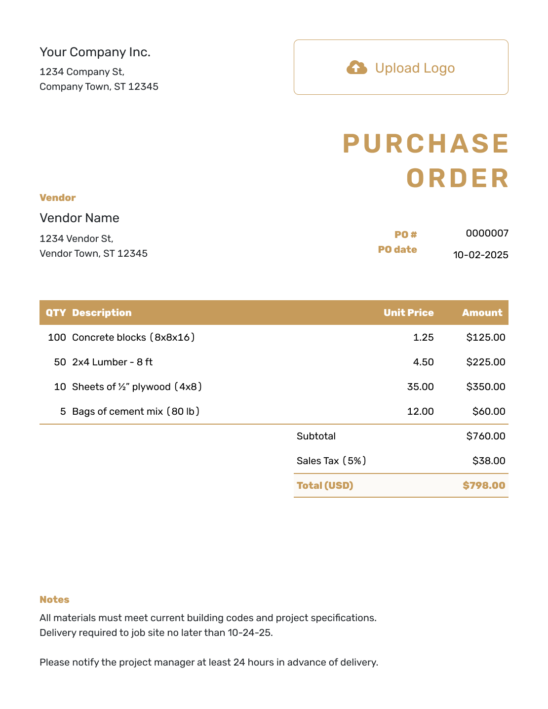 Purchase Order Example Template