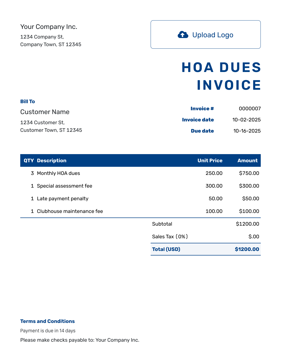 Sample HOA Dues Invoice Template