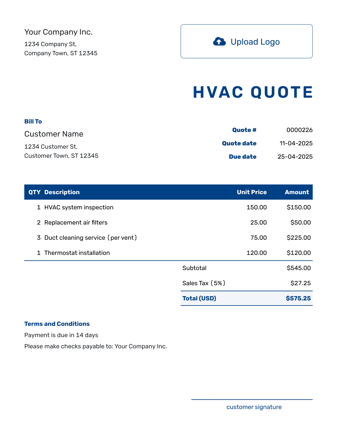 Sample HVAC Quote Template