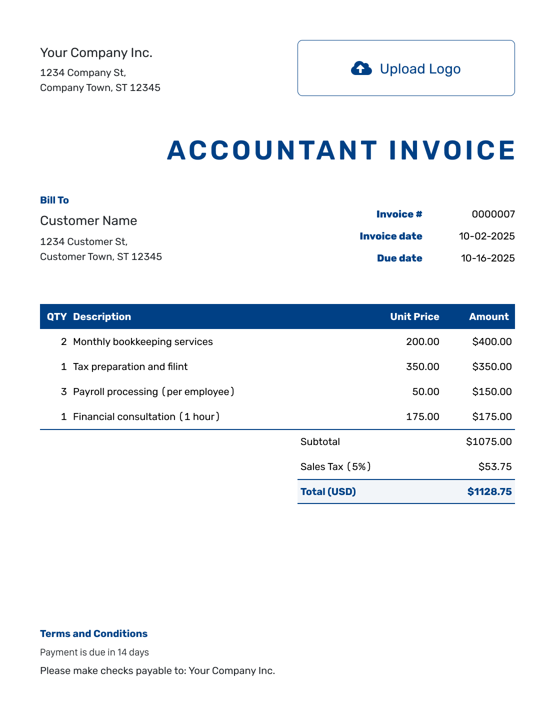 Sample Accountant Invoice Template