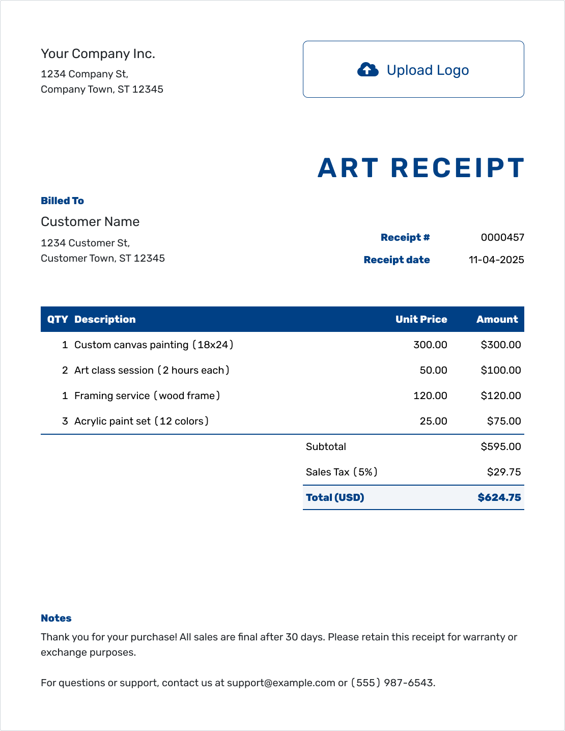 Sample Art Sale Receipt Template