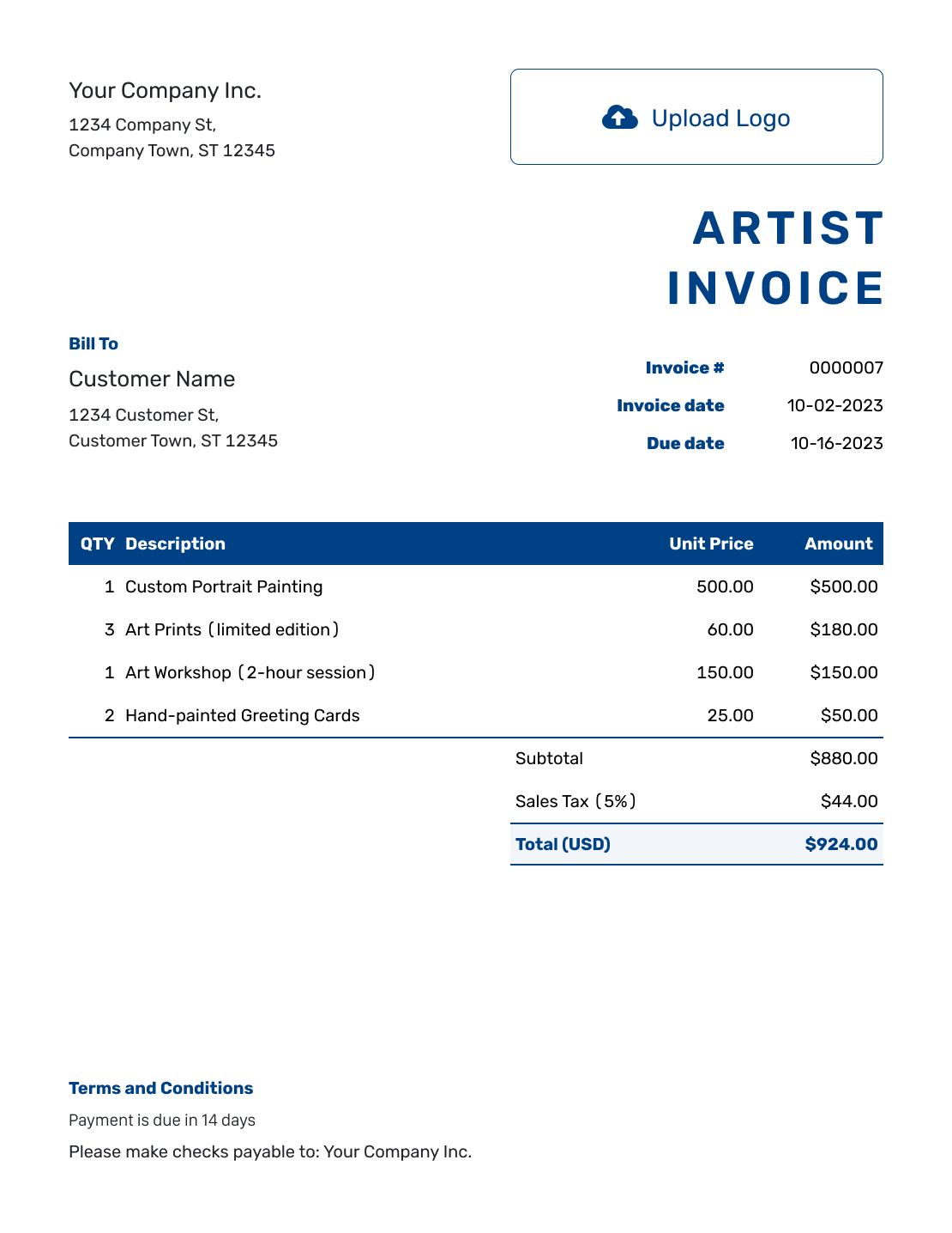 Sample Artist Invoice Template