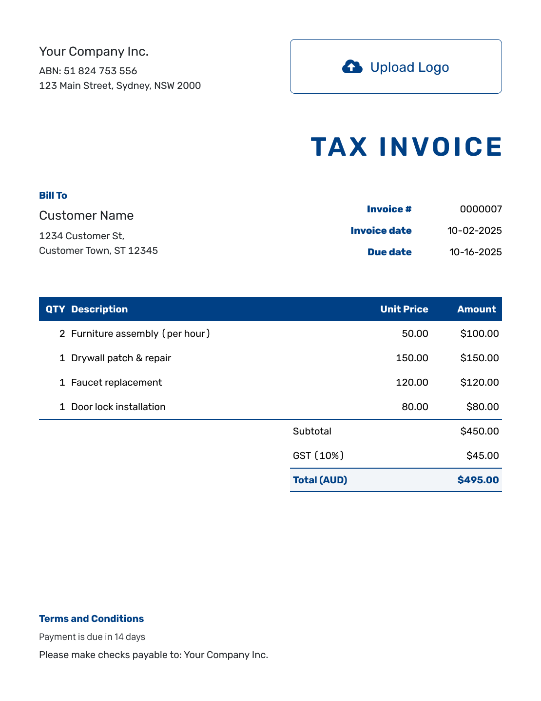 Sample Australian Invoice Template