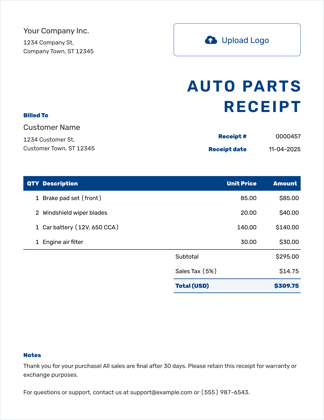 Sample Auto Parts Receipt Template