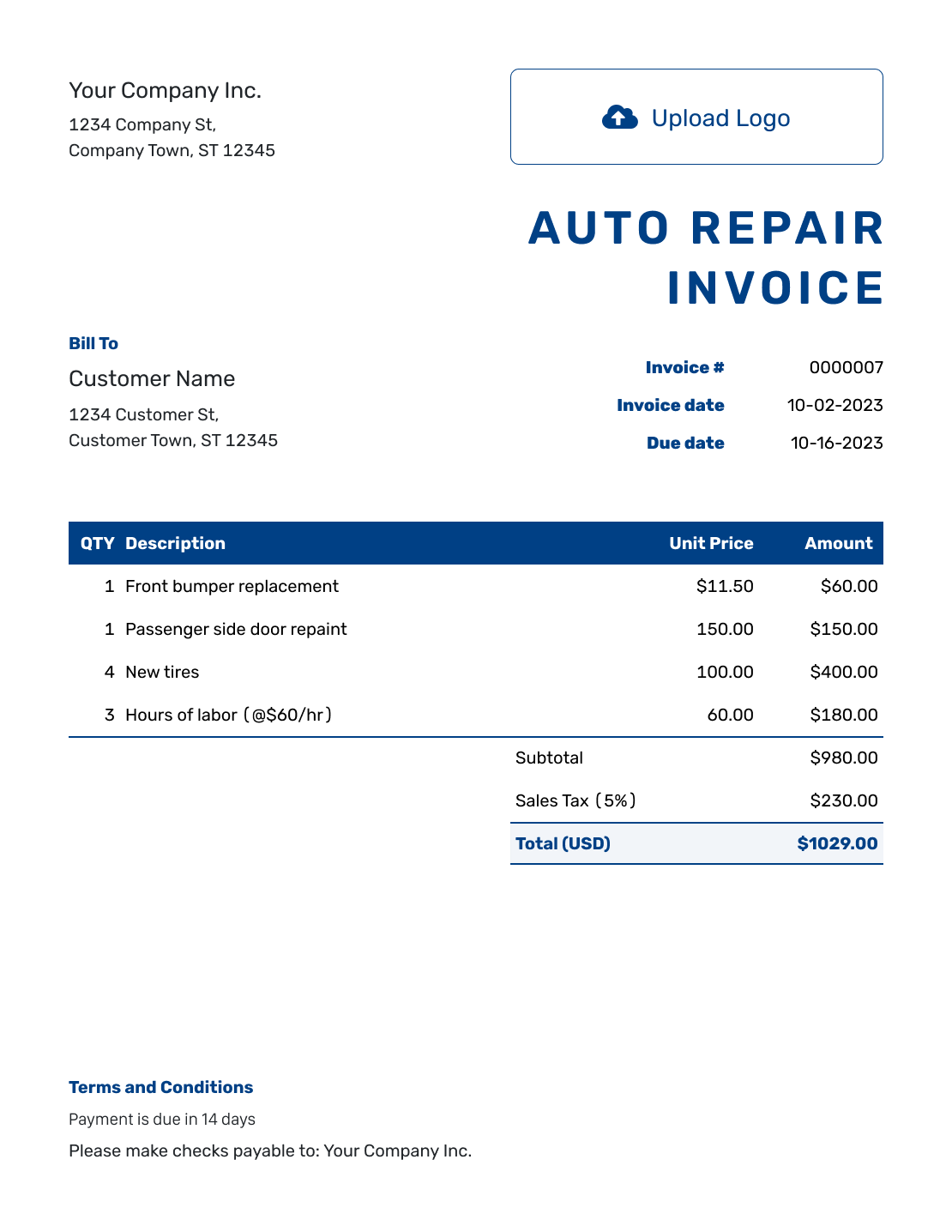 Sample Auto Repair Invoice Template